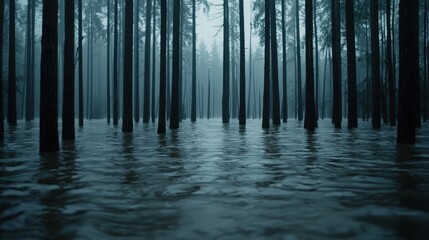 Obraz premium A serene, misty forest with tall trees partially submerged in tranquil, dark water, creating a mysterious and atmospheric scene.