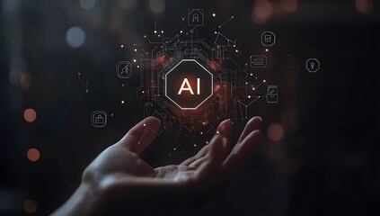 A hand holding an AI icons representing technology and security on a black background.