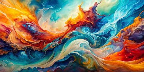 Vibrant abstract painting showcasing fluid movement with swirling colors of orange, blue, and turquoise. dynamic composition evokes sense of energy and creativity