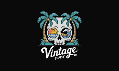 Skull with tropical scene and vintage branding