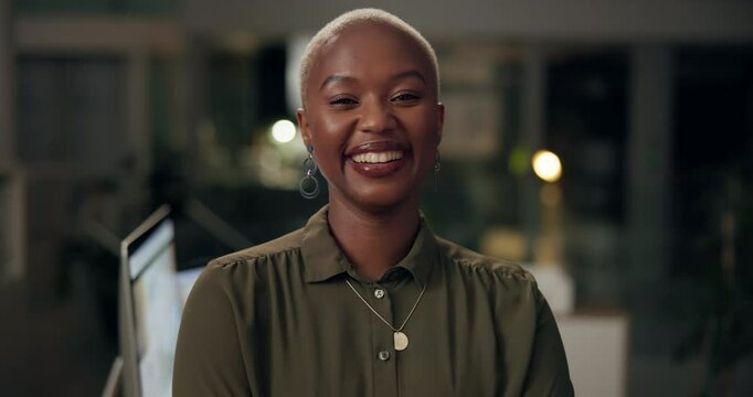 Night, face and black woman in office with smile, commitment and confidence for project deadline. Late, happy and professional employee in workplace working for business growth with pride or portrait