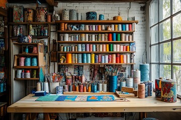 A well-organized workspace with colorful thread spools and wooden shelves against a white brick wall with a large window.