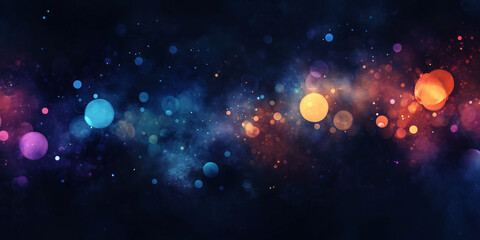 A dark, abstract night sky with colorful, soft glowing light orbs in blue, purple, and orange