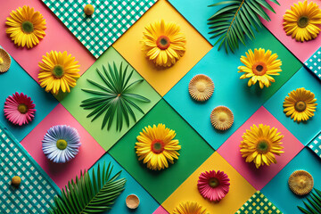 Fototapeta premium Bright and colorful floral arrangement featuring vibrant flowers and tropical leaves on geometric background. This lively composition evokes cheerful and fresh atmosphere