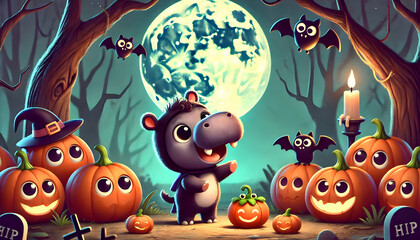 Cute Halloween Hippos Ghost Night Adventure