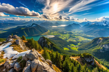 Fototapeta premium Breathtaking panoramic view from mountain peak, showcasing lush green valleys, serene lakes, and majestic mountains under vibrant sky. Natures beauty inspires awe and tranquility
