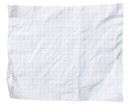 Crumpled checkered paper sheet isolated on transparent background