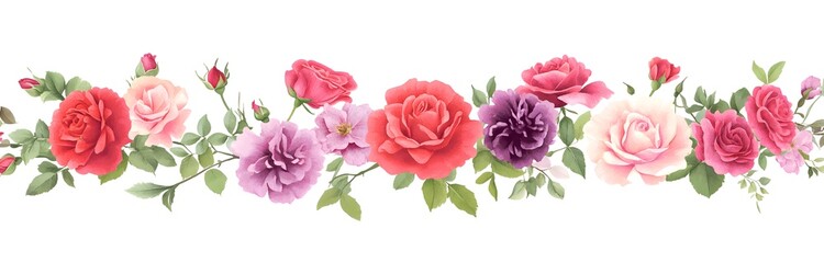 Fototapeta premium Watercolor roses and peonies border, pastel pink, red, purple, green, and yellow colors on a white background, 