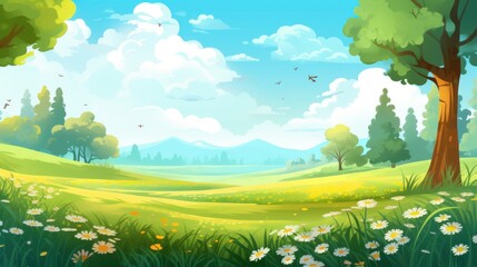 Fototapeta premium Sunny Meadow Landscape with Daisies and Trees