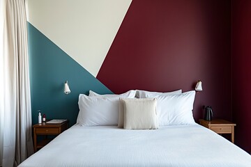 Interior of modern bedroom with double bed and white linen, color ful wall with patterns. Accent wall with maroon and blue diagonal wall paint. generative ai