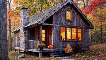 Obraz premium rustic, wooden cabin nestled in a forest during autumn. The cabin has a steep, gabled roof with a chimney and is constructed from weathered wooden planks.