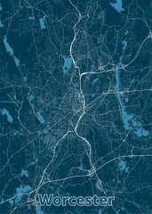 The image showcases a detailed map of Worcester, Massachusetts, rendered in a minimalist style. The map is dominated by a deep teal blue background, with white lines representing roads and streets.