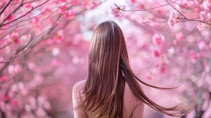 Beautiful young woman with long curly blonde hair from behind holding blooming branch of sakura tree