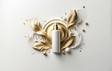 Fototapeta premium White bottle with a gold cap on a white background with gold and white spheres and abstract leaves.