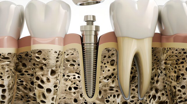 A close-up cutaway view of a dental implant embedded in the jawbone illustrates the placement of the titanium post, which acts as the foundation for the artificial tooth.