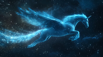 Obraz premium Mystical pegasus soaring through starry night sky with sparkling stardust trail. Pegasus Flight. Illustration
