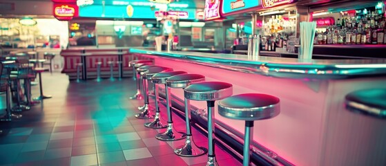 Fototapeta premium A vibrant diner interior featuring chrome bar stools along a brightly lit counter, evoking a nostalgic, retro atmosphere.
