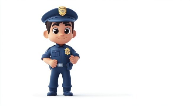 Cute police officer in cartoon style, holding a small badge and standing proudly, isolated on a clean white background.