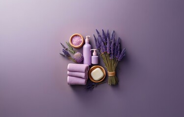 Fototapeta premium Purple background with spa items including lavender, towels, soap and lotions.