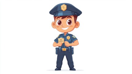 Obraz premium Cute police officer in cartoon style, holding a small badge and standing proudly, isolated on a clean white background.