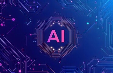 AI and circuit board patterns in purple, on a blue background