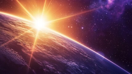 Fototapeta premium Dramatic view of the sun at Earth's horizon with a cosmic backdrop of stars and purple nebula.