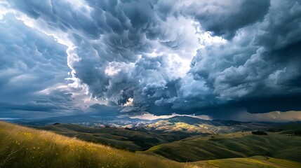 Breathtaking view of dramatic stormy clouds rolling over rolling hills.  The landscape is green and lush, contrasting with the dark and ominous clouds.