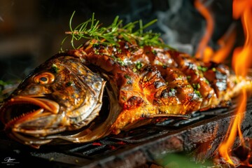 Whole fish grilled over open flames with fresh herbs for a smoky and flavorful barbecue seafood dish






