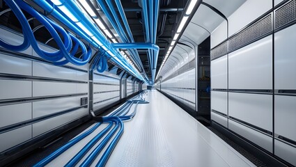 Obraz premium Futuristic Colorful Tunnel Warehouse with Metal Panels, Neon Laser Lights, Sci-Fi Glowing Blue Tubes, Cyber Interior, Garage Hangar Corridor, 3D Rendering