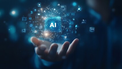 A person holding an AI cube with various icons and symbols floating around it, representing the use of artificial intelligence in business.