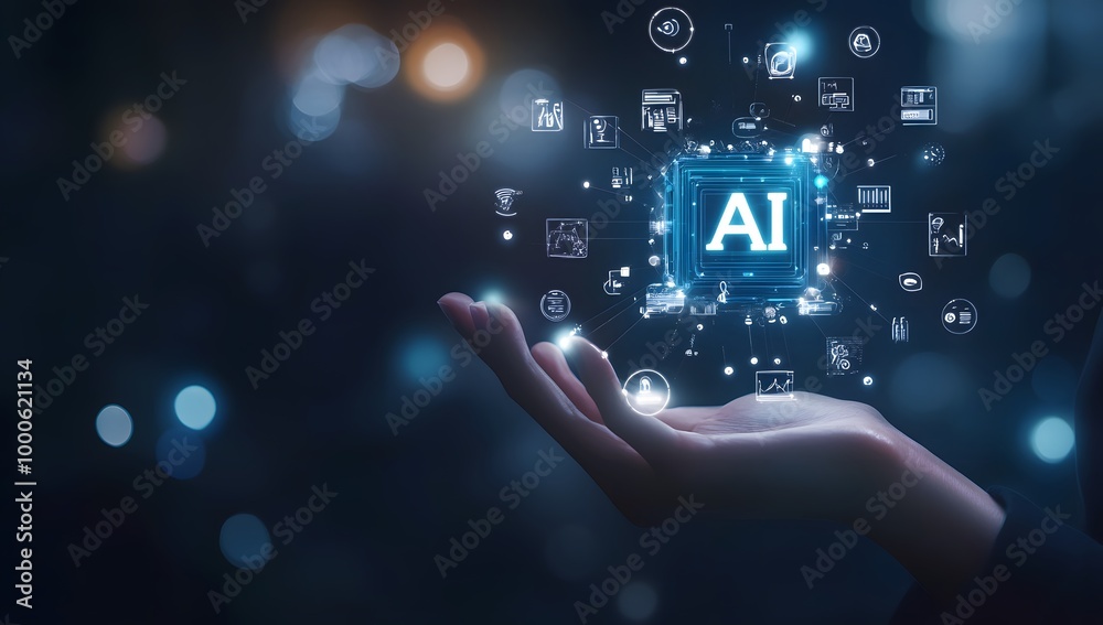 Poster a person holding an ai cube with various icons and symbols floating around it, representing the use 