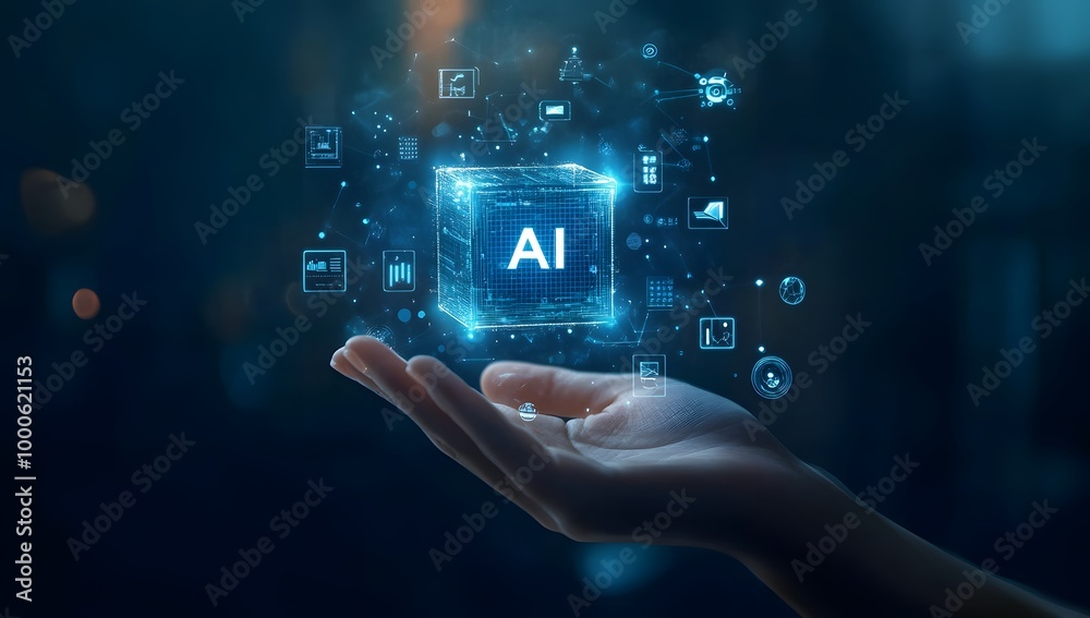 Poster a person holding an ai cube with various icons and symbols floating around it, representing the use 