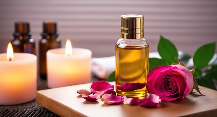 Rose petals and rose essential oil in a luxurious gold bottle with a relaxing spa candle lit background