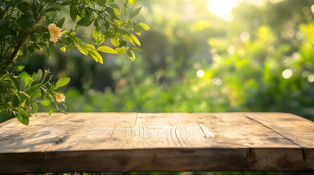 2. A rustic wooden podium in a vibrant garden, with a blurred backdrop of green foliage, providing an ideal setting for presenting organic products in a spring or summer theme