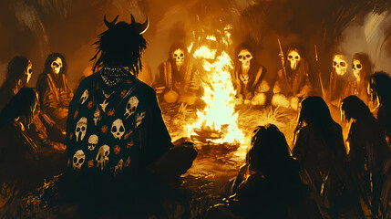 The shadowy figure of a bronco rider their bandana and shirt adorned with tribal patterns and animal skulls looming over a coven of witches gathered around a blazing . Witch Coven. Illustration