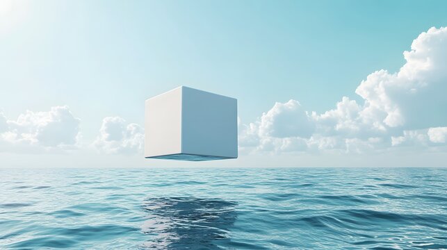 4. A surreal 3D rendering of a floating white cube podium above a vast ocean, with an abstract minimal background that enhances the sense of depth and serenity in the scene