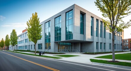Streetview of modern urban high school with gray concrete facade and sleek glass windows with trees lining the sidewalk
