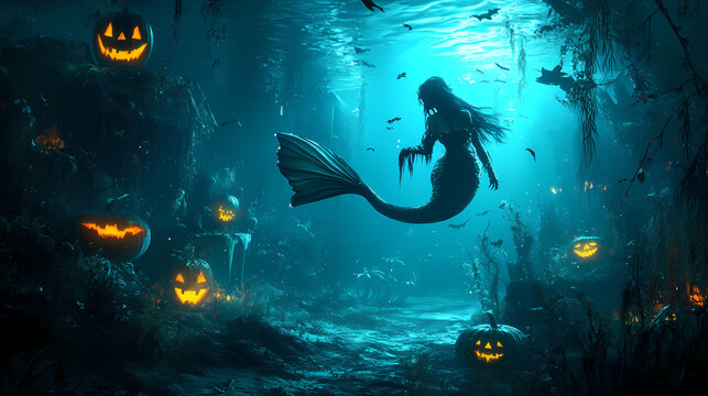 Spooky mermaid in glowing underwater realm with halloween elements. Merfolk Kingdom. Illustration