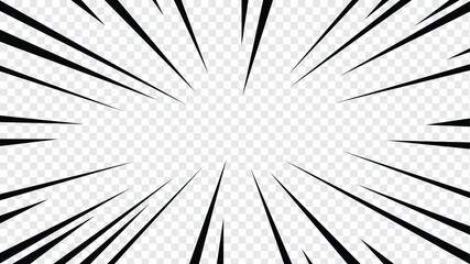 Diagonal speed lines background. Comic book sunburst. Abstract black and white radial line frame. Manga or anime cartoon explosion wallpaper. Pop art light beams or rays effect. Vector