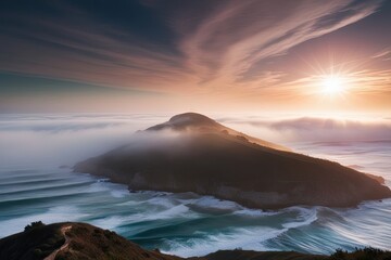 Mysterious Fog and Scenic Hilltop Views with Tranquil Waves Soft Pastel Colors and Radiant Sunset Light