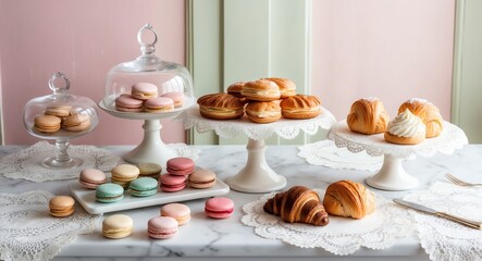 Vintage French style bakery with macarons croissants and eclairs on a counter covered in lace doilies soft pastel walls in the background