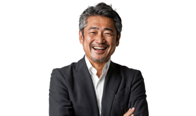 Portrait of a Japanese businessman, smiling and laughing in a suit, standing with arms crossed, isolated on transparent background