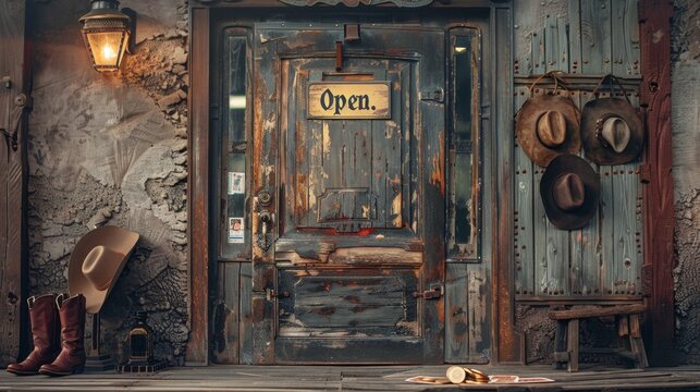 Weathered wooden saloon door with bullet holes, open sign, cowboy hats, and poker hand on a table, set in a dusty western town at dusk