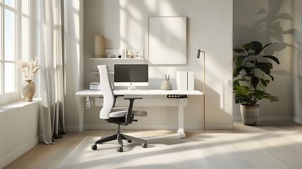 Fototapeta premium Modern Minimalist home office with a white desk, chair, and decor. The room is bathed in natural light and features a plant for a touch of greenery.