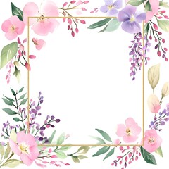A square frame with watercolor pink and purple flowers