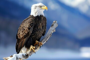 Fototapeta premium Majestic Bald Eagle Perched on Snowy Branch Against Clear Blue Sky
