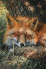 Peaceful Red Fox Resting in a Sunlit Grassy Meadow Under a Tree - Tranquil Wildlife Scene for Wall Art