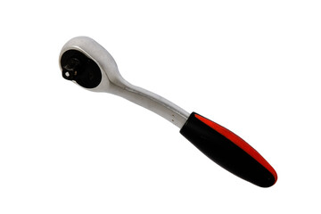 Torque wrench with a handle covered in red and black. Work tool with reversible ratchets for screw and nut tighten, design element. Isolated on a white background