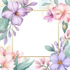 Fototapeta premium A square, blank white card with gold edges, surrounded by pink and purple flowers in a watercolor 