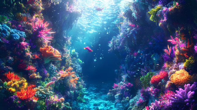 Underwater kingdom, glittering underwater kingdom ruled by merfolk amidst colorful coral reefs and exotic sea Merfolk Kingdom. Illustration